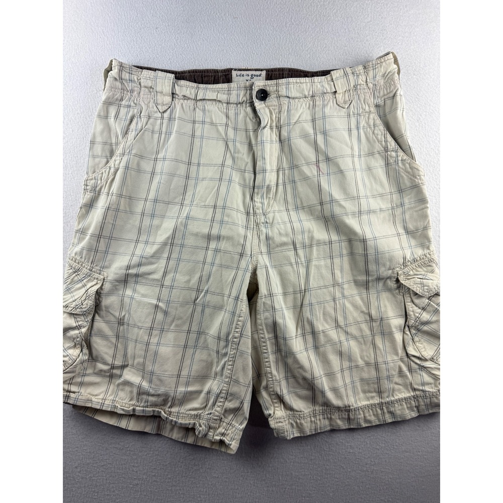 Life is Good Mens XL Cargo Shorts Cream Blue Plaid Cotton Relaxed Fit 10 Inch